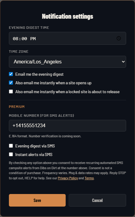 Notification settings page with the mobile number field and SMS opt-in checkbox unchecked by default